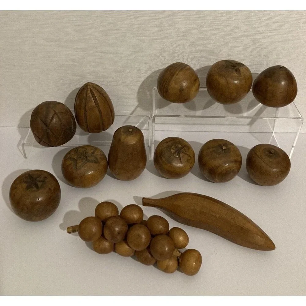 Vintage Hand Carved Wood Fruit and Bowl (14 Pieces) Tiki Party Decor Boho